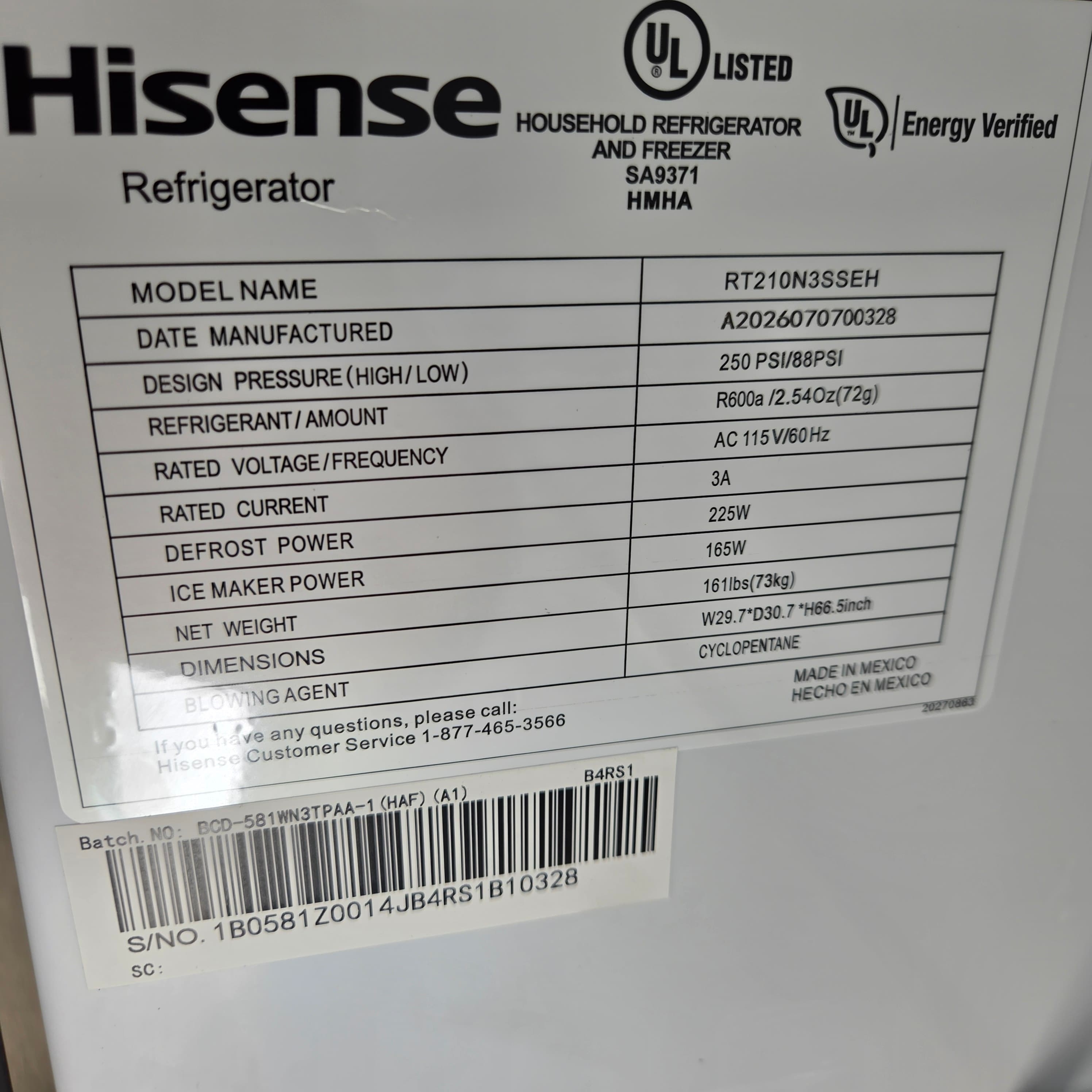 Hisense Top Mount Freezer Refrigerator 30" Stainless Steel