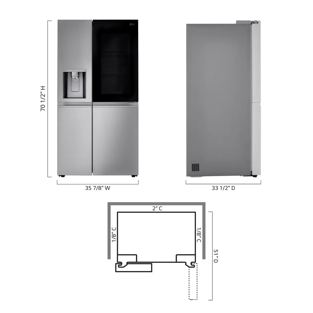 LG LRSVS2706S 36 Inch Freestanding Side by Side Smart Refrigerator 27.1 Cuft. InstaView®, Dual Ice Make, Dispenser, Stainless Steel